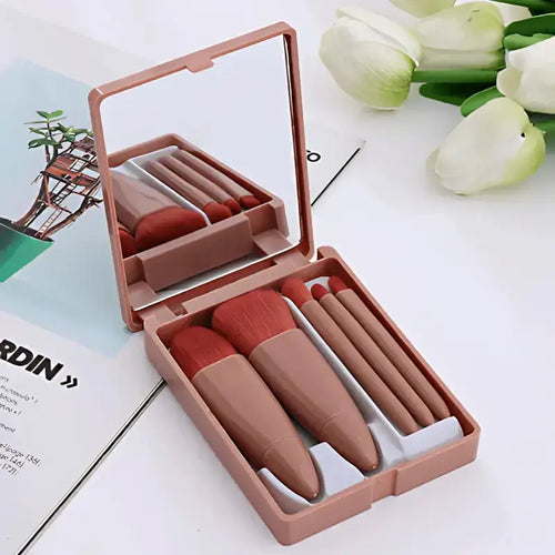 Estojo com 5 pincéis e 1 espelhos para maquiagem