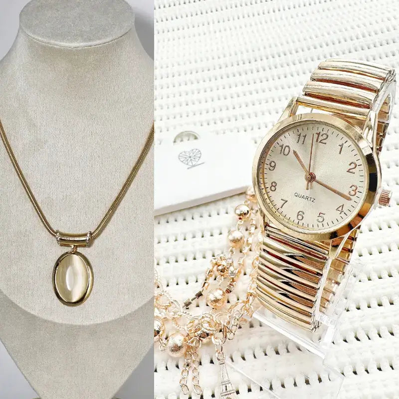 Relógio com ponteiro pulseira mais colar de brinde