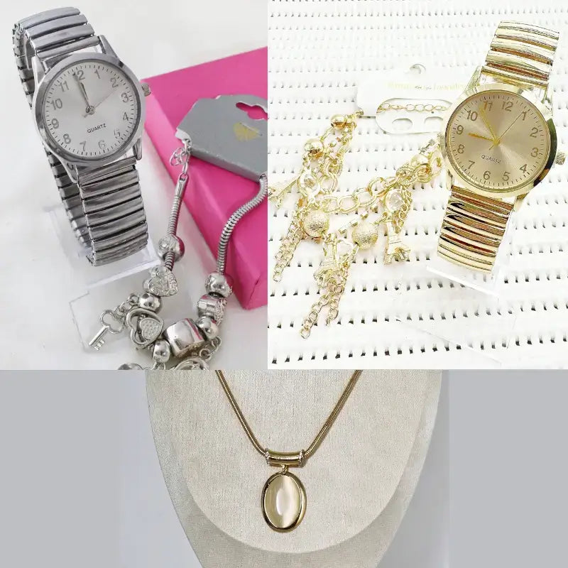 Relógio prata mais pulseira com relógio Dourado mais pulseira e colar de brinde