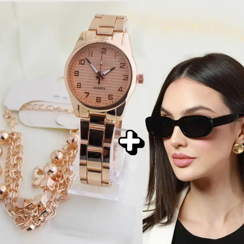 Óculos clássico, cor rosa ouro com pulseira mais óculos UV