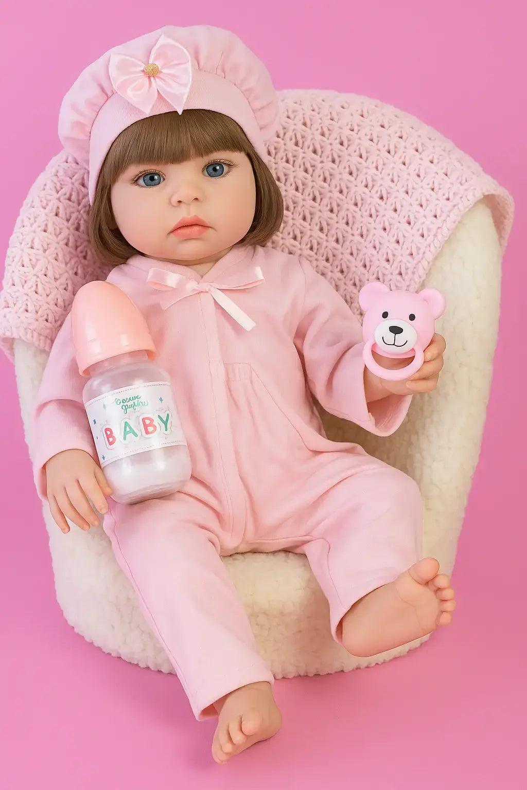Boneca bebê reborn realista com roupa rosa, segurando mamadeira e chupeta de ursinho, sentada em poltrona com manta rosa, fundo rosa vibrante.