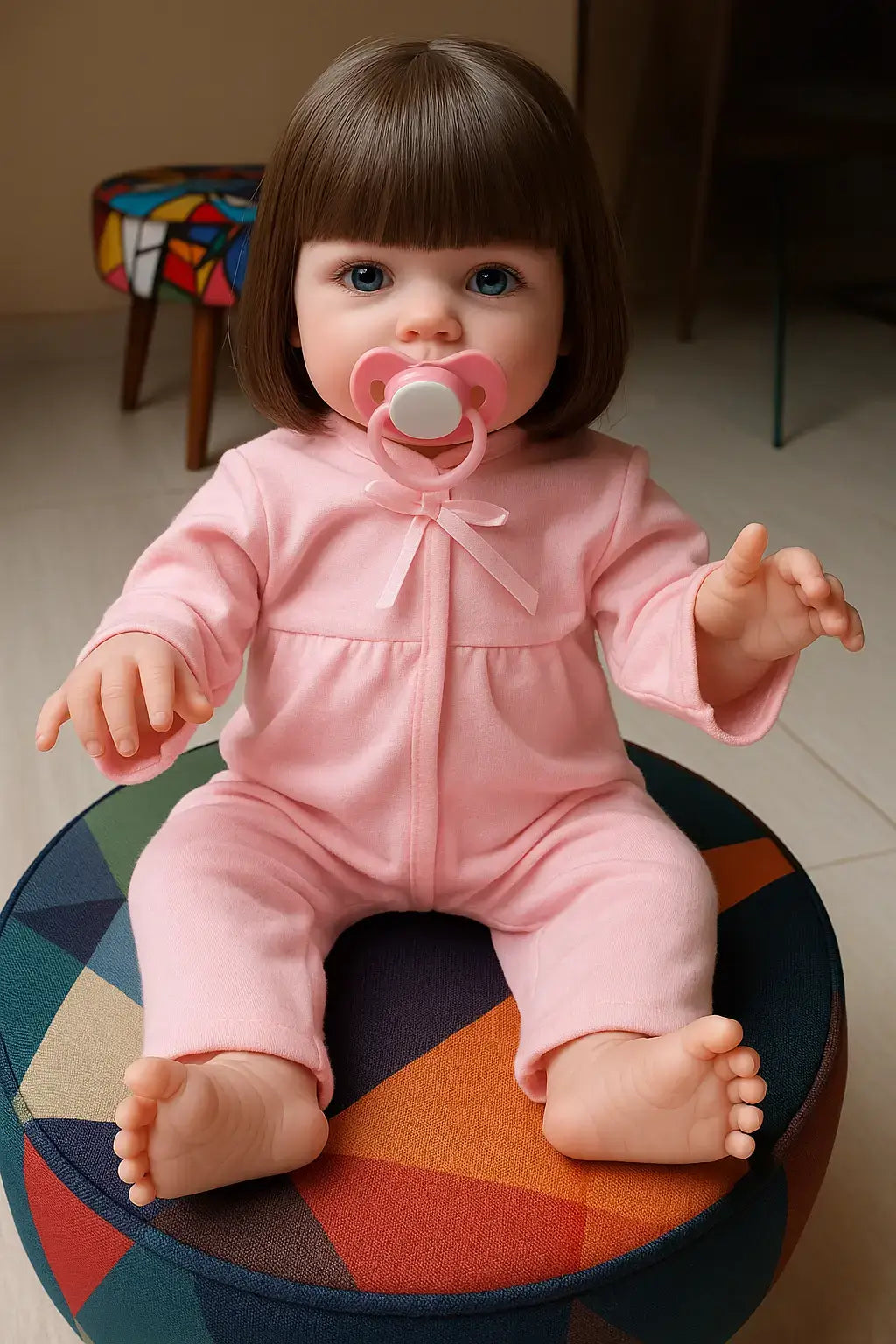 Boneca bebê reborn realista com chupeta rosa, vestida com macacão rosa, sentada sobre pufe colorido de padrão geométrico em ambiente interno.