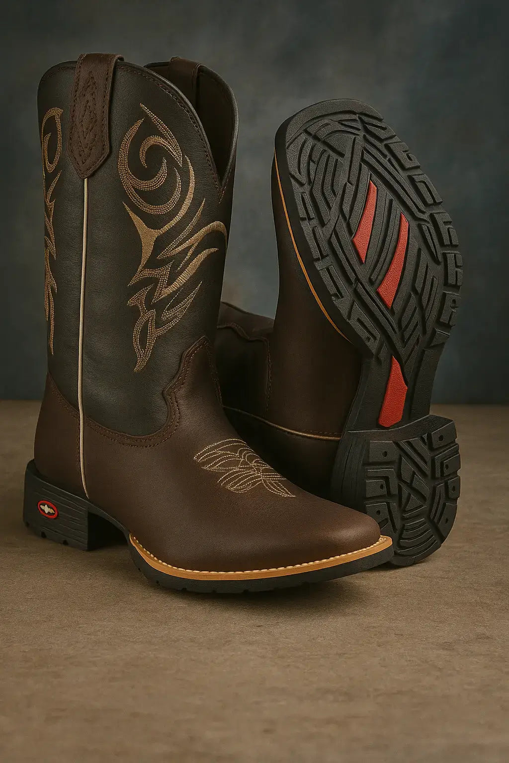 Bota country masculina marrom com bordado tribal dourado e sola de borracha com detalhe vermelho, exposta sobre piso de concreto e fundo azul acinzentado texturizado.