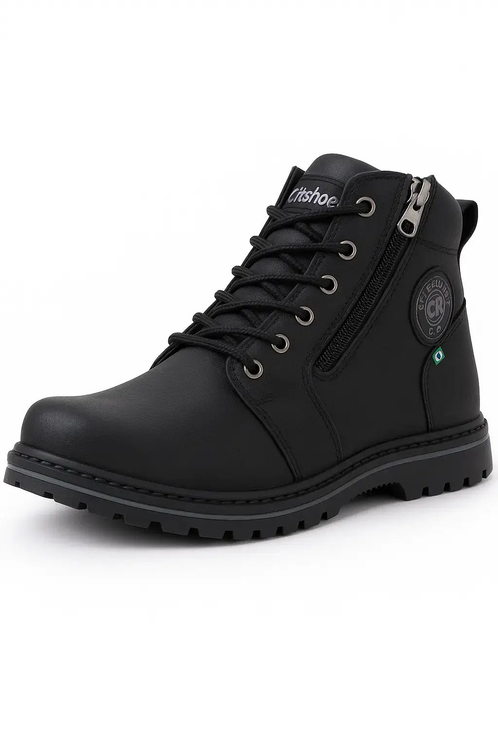 Bota masculina preta em material sintético com cano médio, solado tratorado, zíper lateral e cadarço