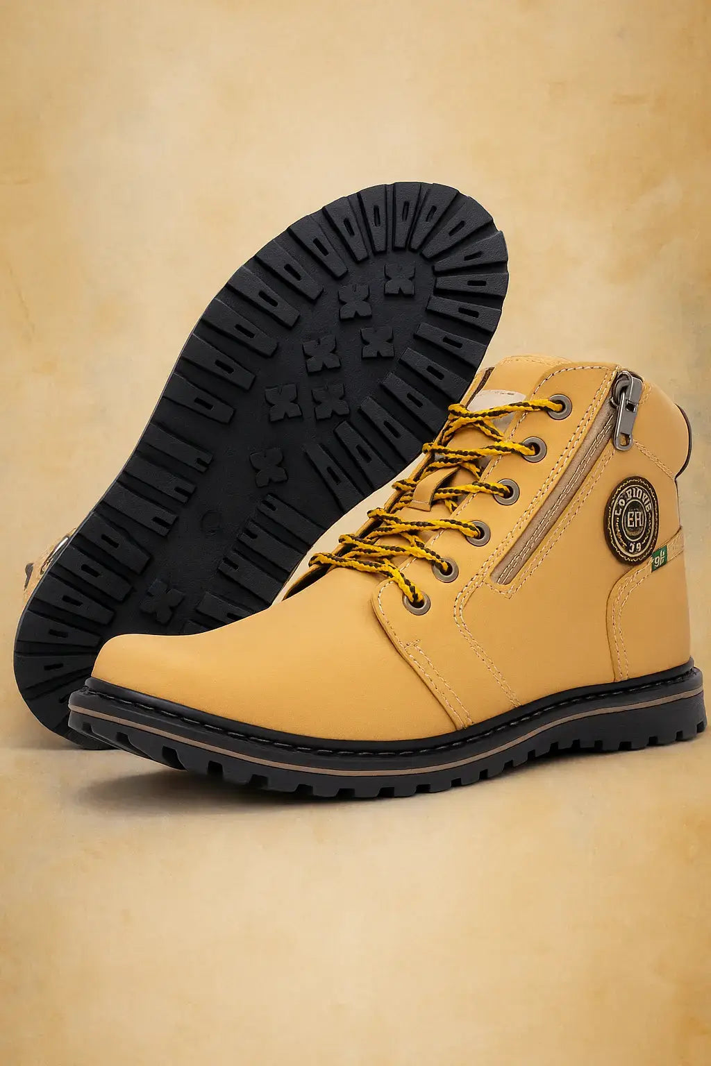 Coturno masculino amarelo com zíper lateral e sola tratorada preta, fotografado sobre fundo estilizado em tom areia que valoriza o contraste e o design robusto.