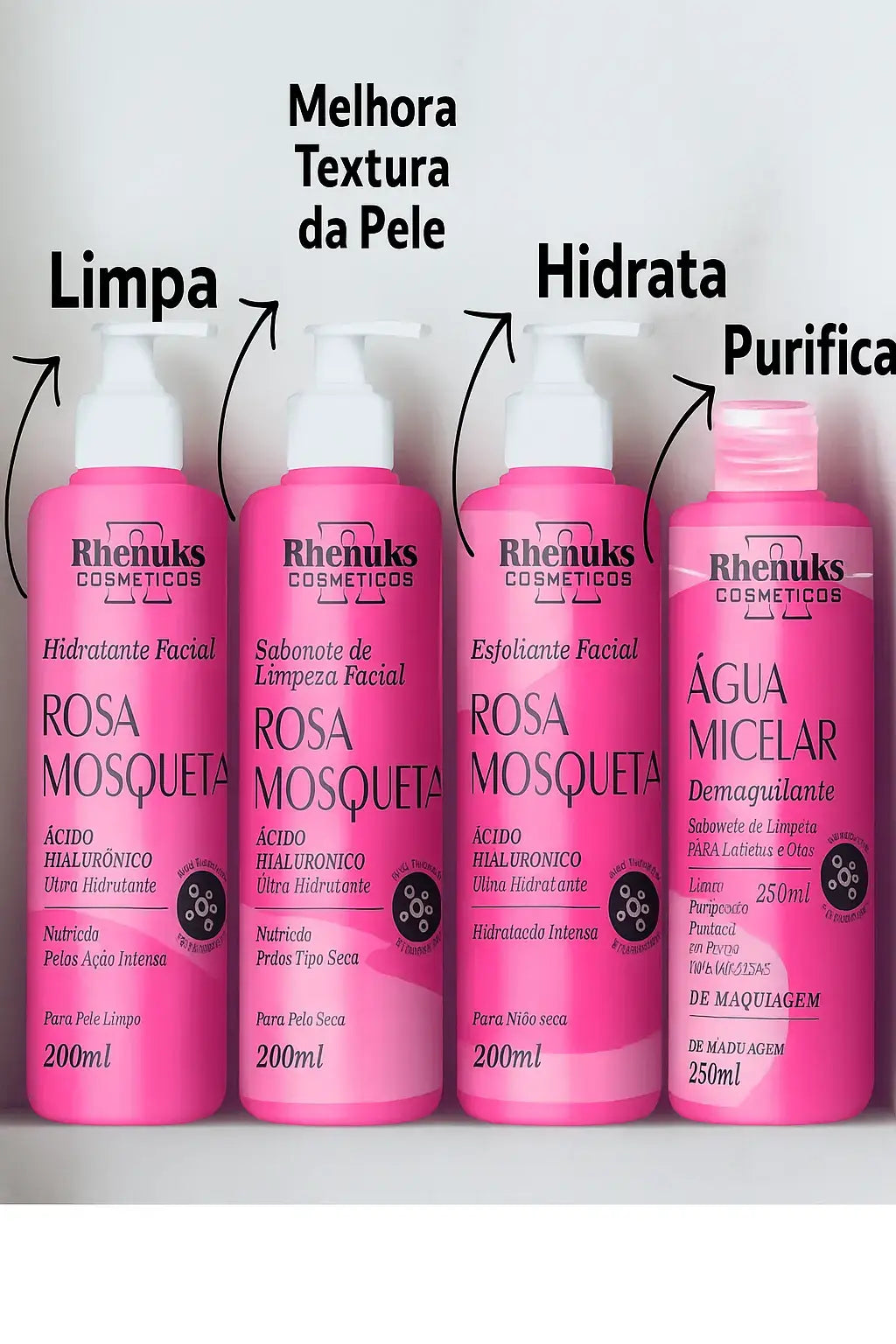 Kit completo de cuidados faciais com quatro produtos: água micelar, sabonete facial, esfoliante e hidratante, todos com ácido hialurônico, dispostos à frente de uma caixa personalizada.