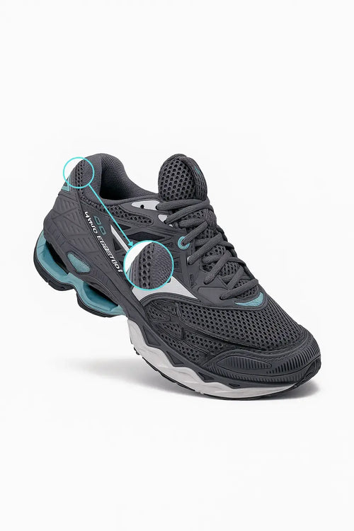 Tênis MZ Wave Creation 20 cinza masculino com tecnologia de amortecimento Wave, cabedal em mesh respirável e detalhes azul-turquesa, ideal para corrida e caminhadas.
