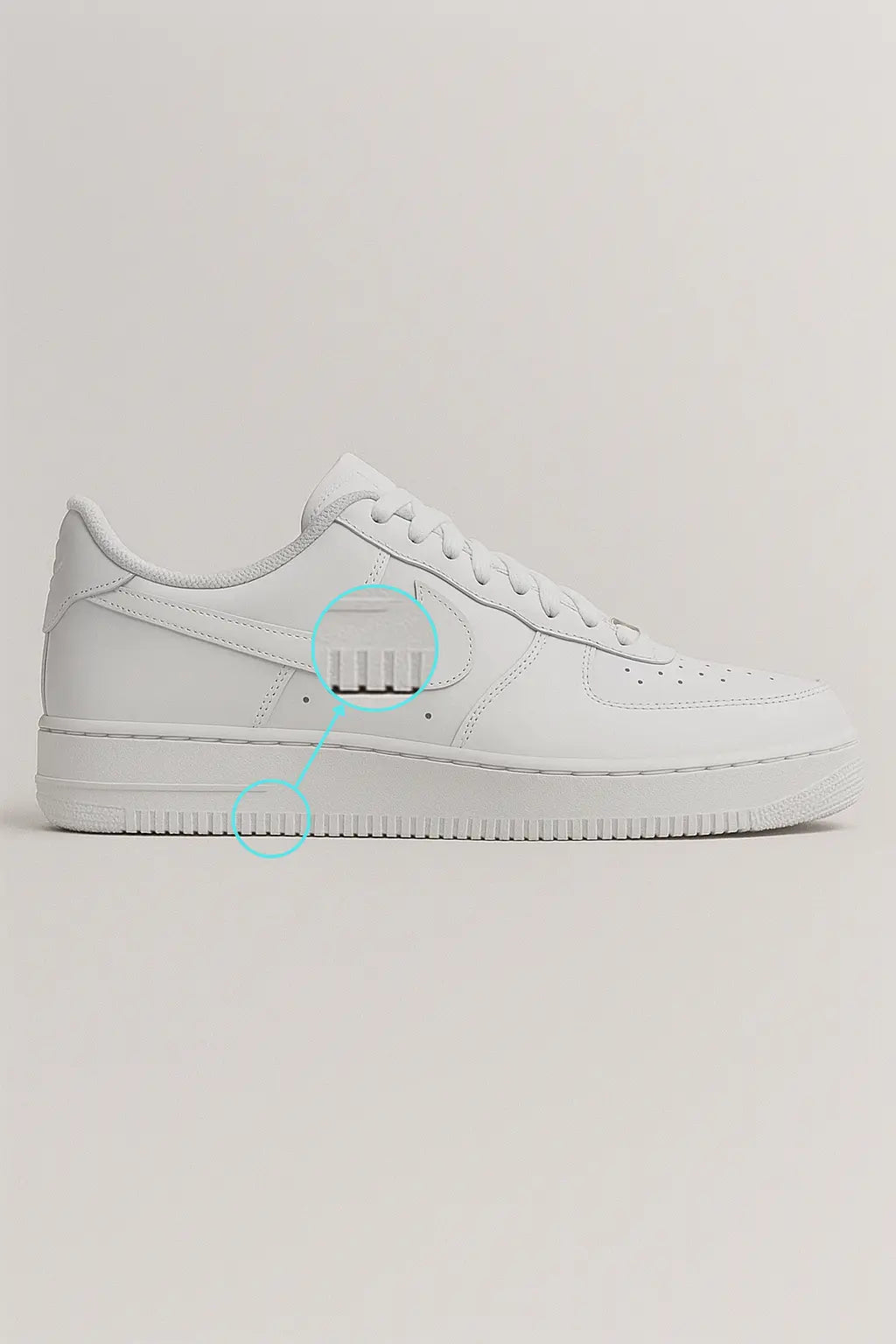 Tênis NK branco estilo Air Force em vista lateral direita, com design clean, acabamento premium e sola com relevo AIR.