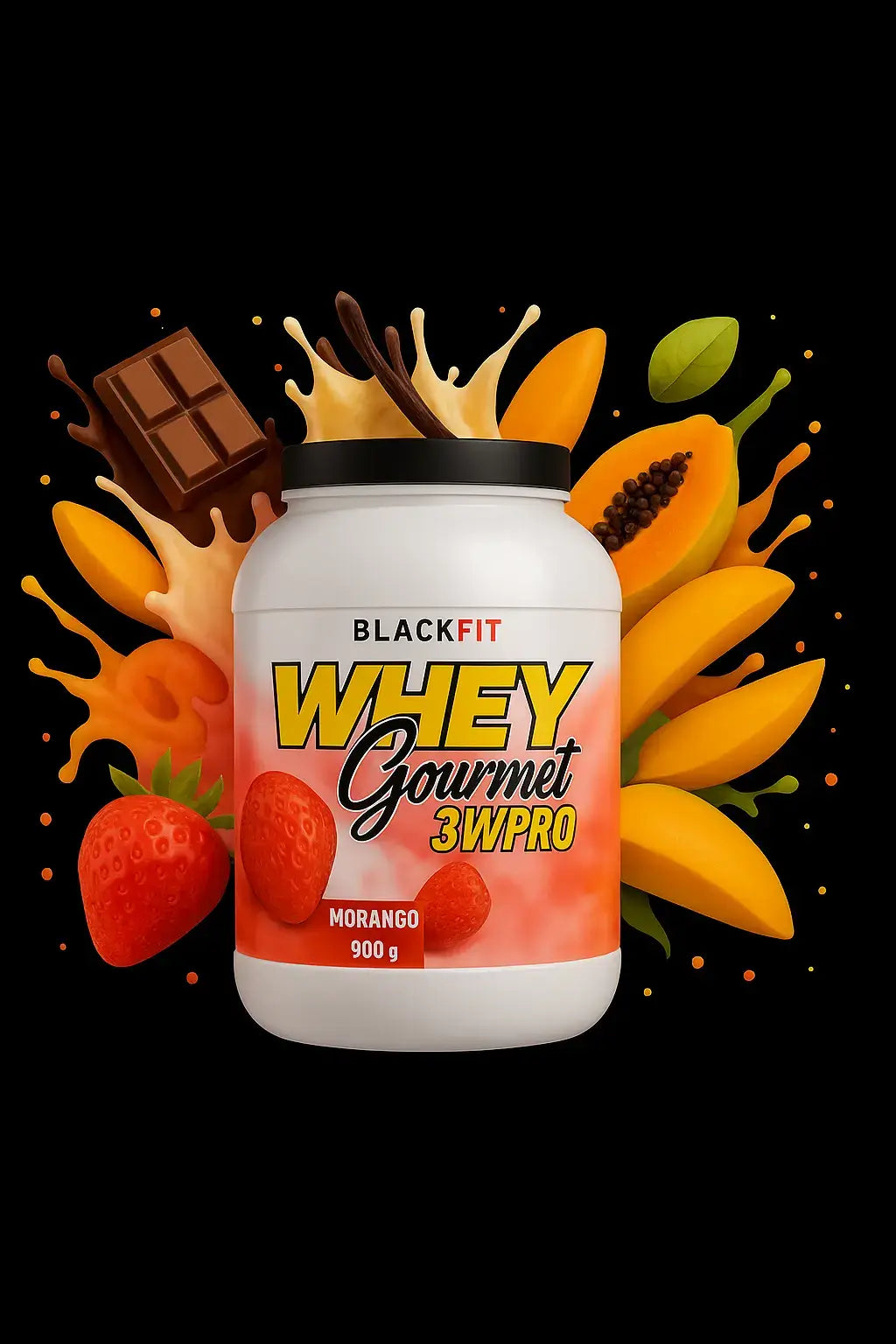 Imagem de suplemento Whey Gourmet BlackFit 900g sabor morango, cercado por frutas tropicais e splashs de líquidos, sem textos promocionais.