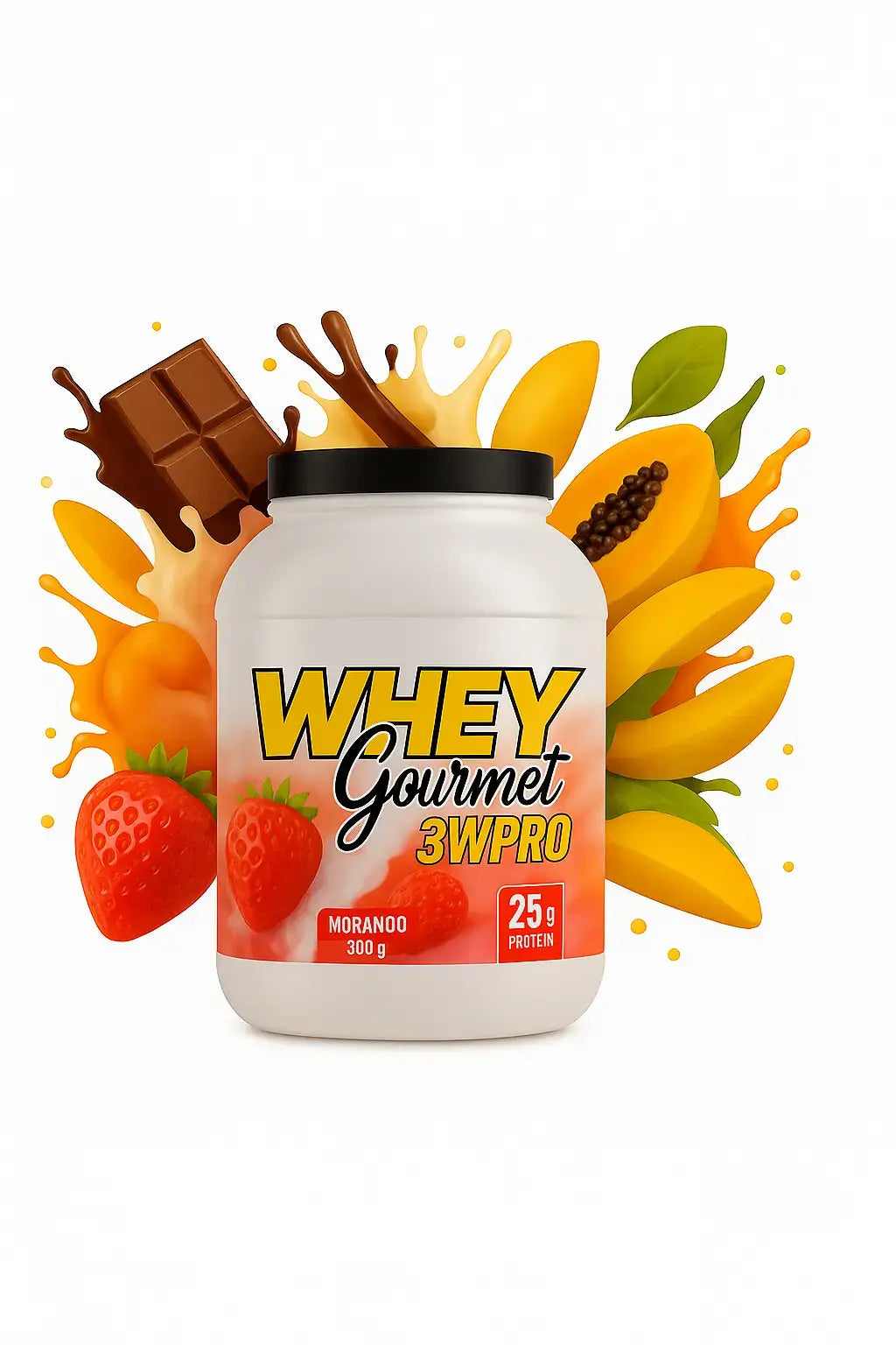 Suplemento Whey Gourmet BlackFit 900g com frutas tropicais ao fundo, sobre fundo branco e sem textos promocionais adicionais.