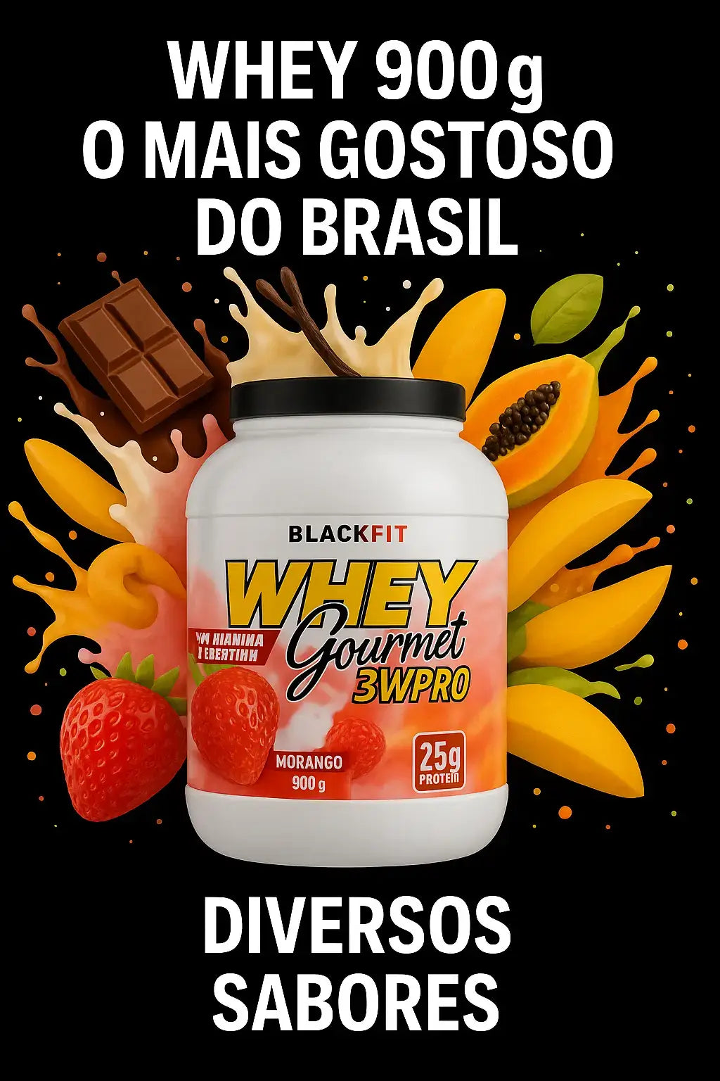 Pote de Whey Gourmet BlackFit 900g sabor morango, com 25g de proteína, cercado por frutas como manga, mamão e morango, ideal para lojas online de suplementos.