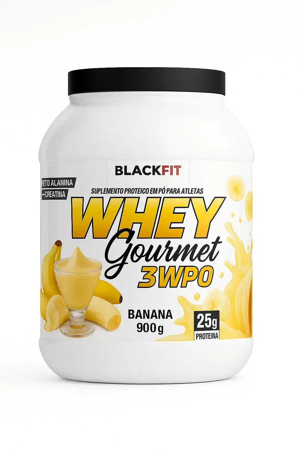 Embalagem do suplemento BLACKFIT Whey Gourmet 3WPRO sabor banana, 900g, com 25g de proteína, apresentada sobre fundo branco com ilustrações de smoothie e rodelas de banana.