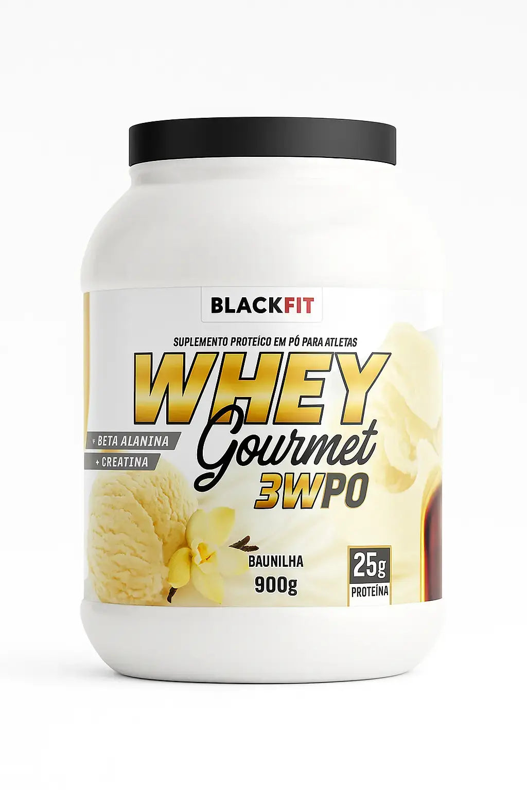 Embalagem do suplemento BLACKFIT Whey Gourmet 3WPRO sabor baunilha, 900g, com 25g de proteína por dose, ilustrada com sorvete e flor de baunilha sobre fundo branco.