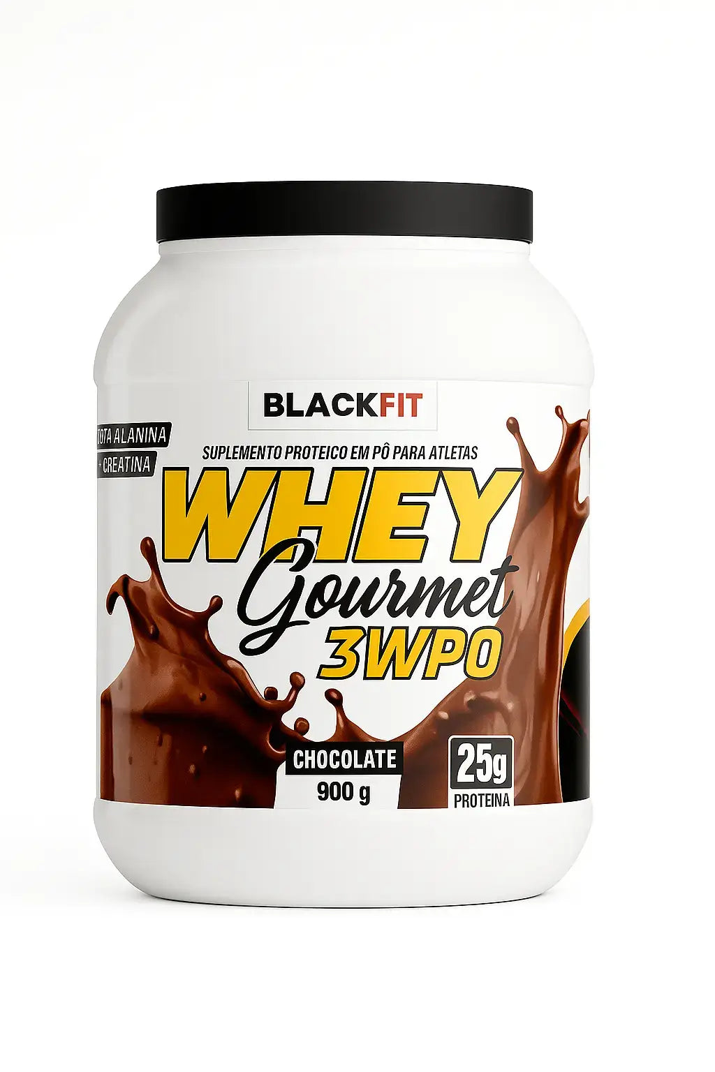 Pote do suplemento BLACKFIT Whey Gourmet 3WPRO sabor chocolate, 900g, com 25g de proteína, rótulo com splash de chocolate e fundo branco para destaque visual.