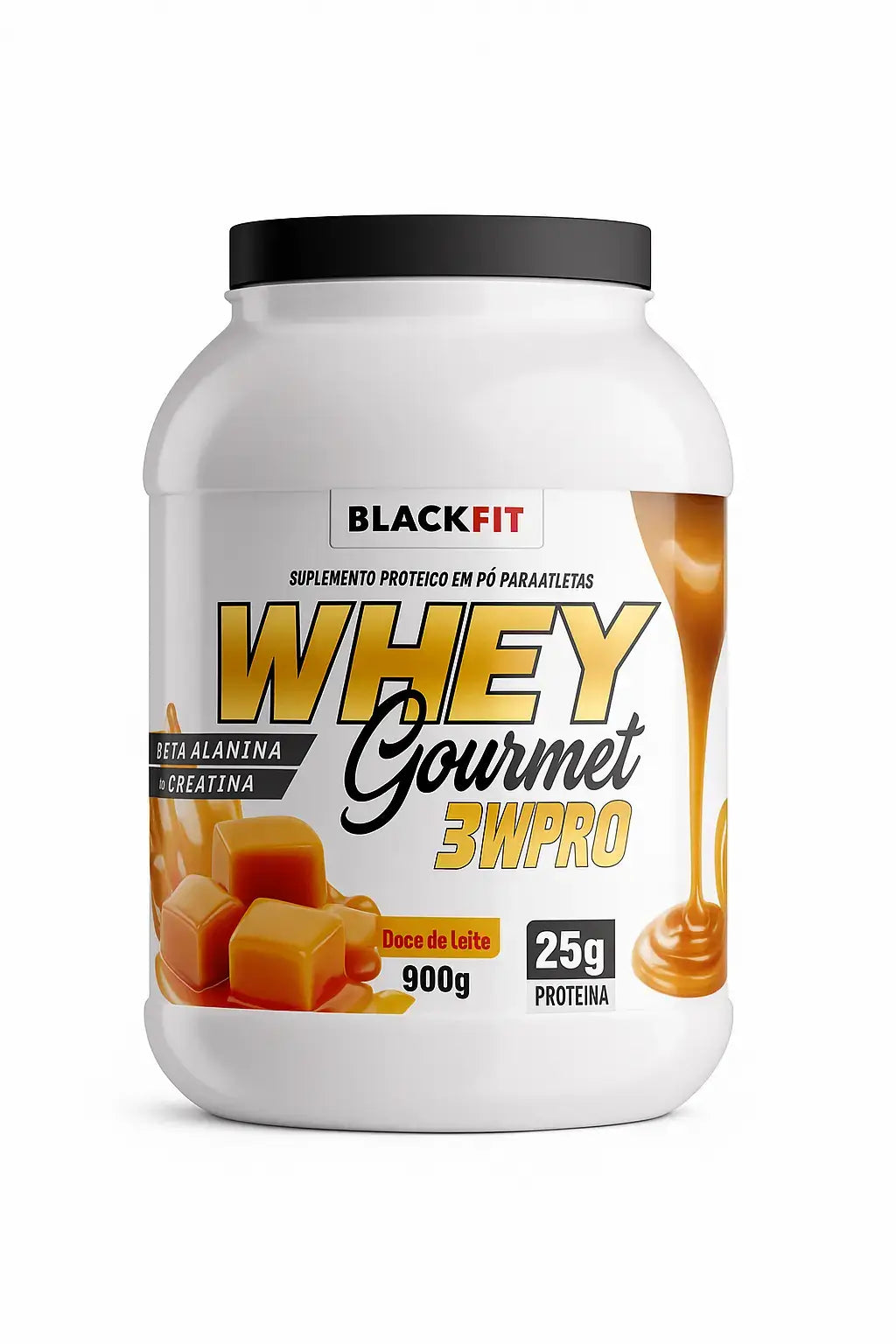 Suplemento proteico BLACKFIT Whey Gourmet 3WPRO sabor doce de leite, 900g, com 25g de proteína por dose, ilustrado com cubos de caramelo e calda sobre fundo branco.