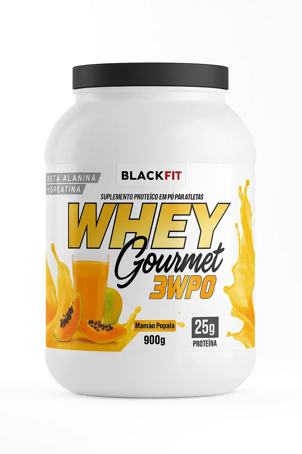 Embalagem de suplemento BLACKFIT Whey Gourmet 3WPRO sabor mamão papaia, 900g, com 25g de proteína por porção, ilustrada com suco e fatias de papaia sobre fundo branco.