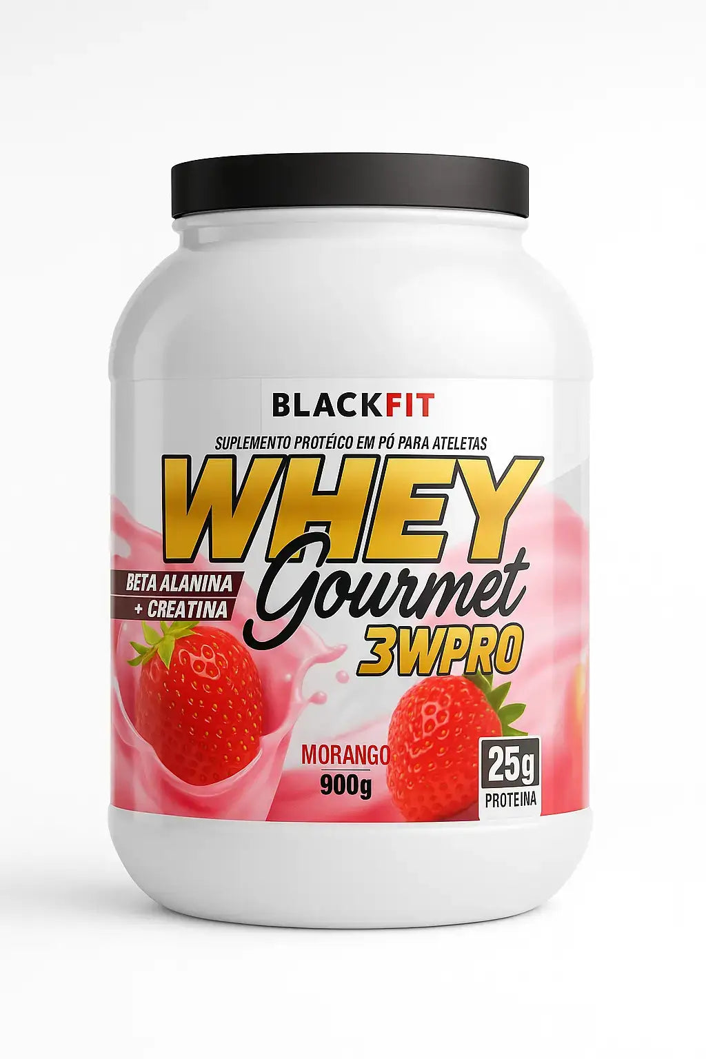 Pote de suplemento proteico BLACKFIT Whey Gourmet 3WPRO sabor morango, 900g, com 25g de proteína por dose, em embalagem branca com morangos e leite na arte do rótulo.