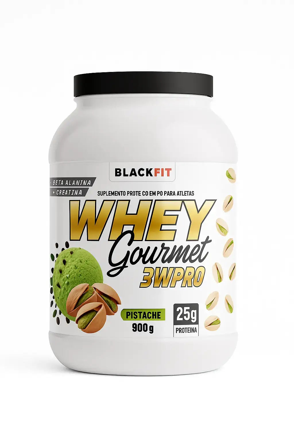 Pote de suplemento proteico BLACKFIT Whey Gourmet 3WPRO sabor pistache, 900g, com 25g de proteína por dose, ilustrado com sorvete e pistaches inteiros sobre fundo branco.