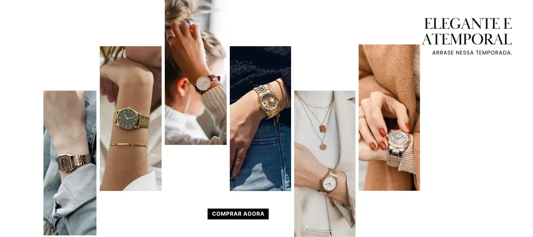 Mulheres usando vários modelos de relógios clássicos na promoção