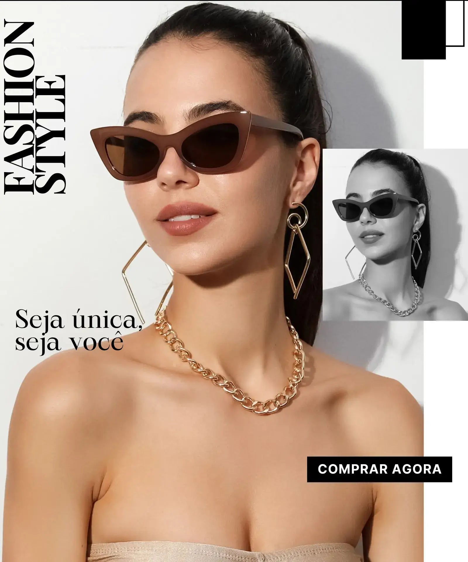 Mulher usando óculos olho de gato, brinco, colar e relógio que foi encontrado na promoção.