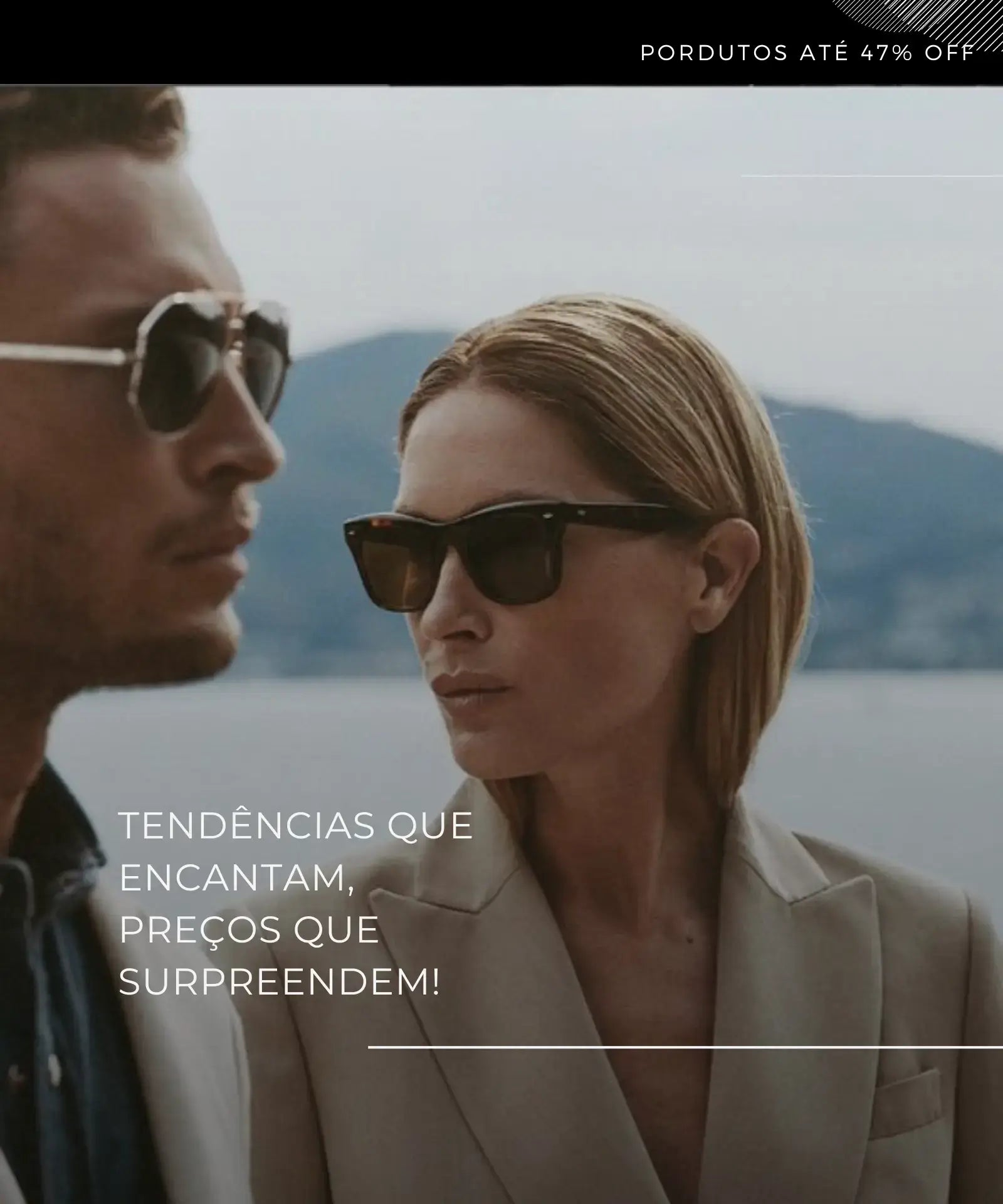 Casal utilizando óculos com proteção UV que são tendências de moda na promoção