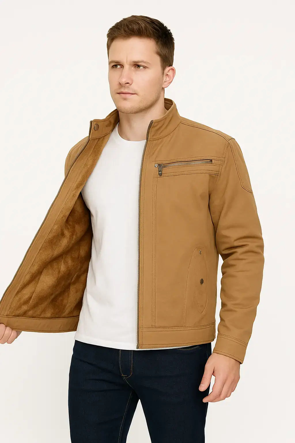 Modelo masculino vestindo jaqueta de frio bege com bolsos funcionais, ideal para clima frio