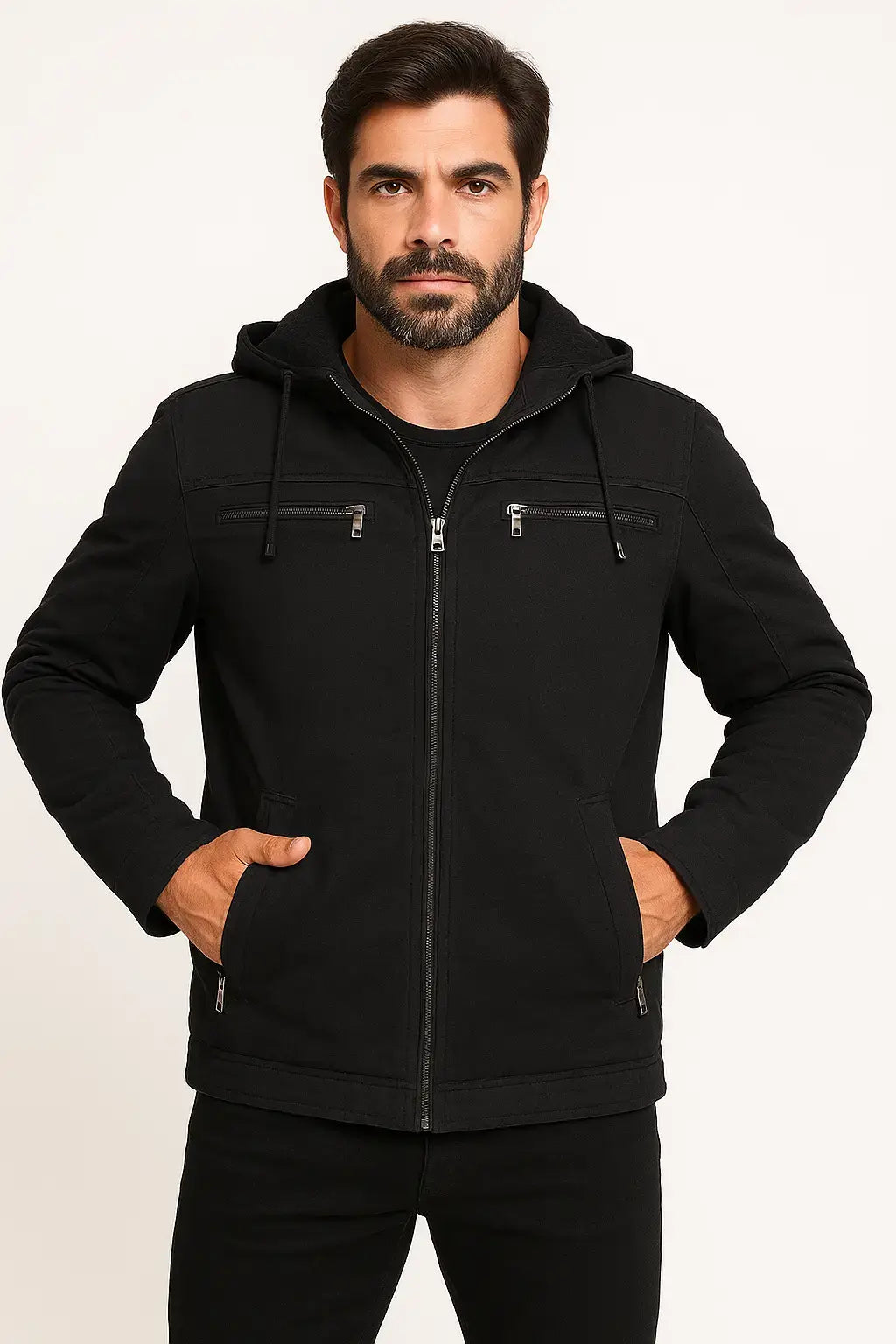  Homem com jaqueta masculina preta forrada, com capuz e zíper, perfeita para dias frios
