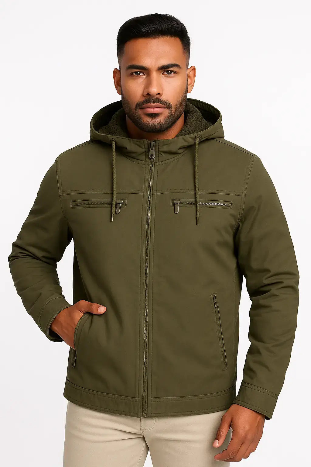 Modelo masculino usando jaqueta verde de inverno com capuz e bolsos, fundo branco