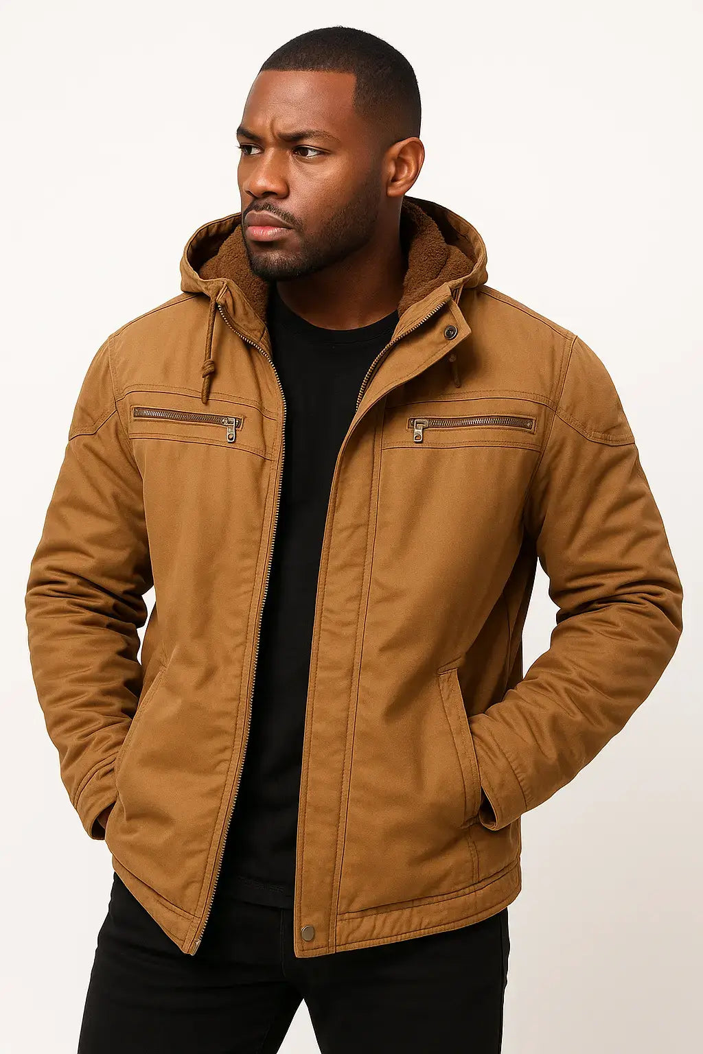Modelo masculino vestindo jaqueta de frio marrom com capuz e bolsos funcionais, ideal para clima frio