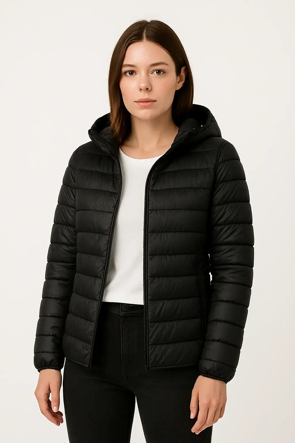 Mulher usando jaqueta de frio puffer  preta com capuz 