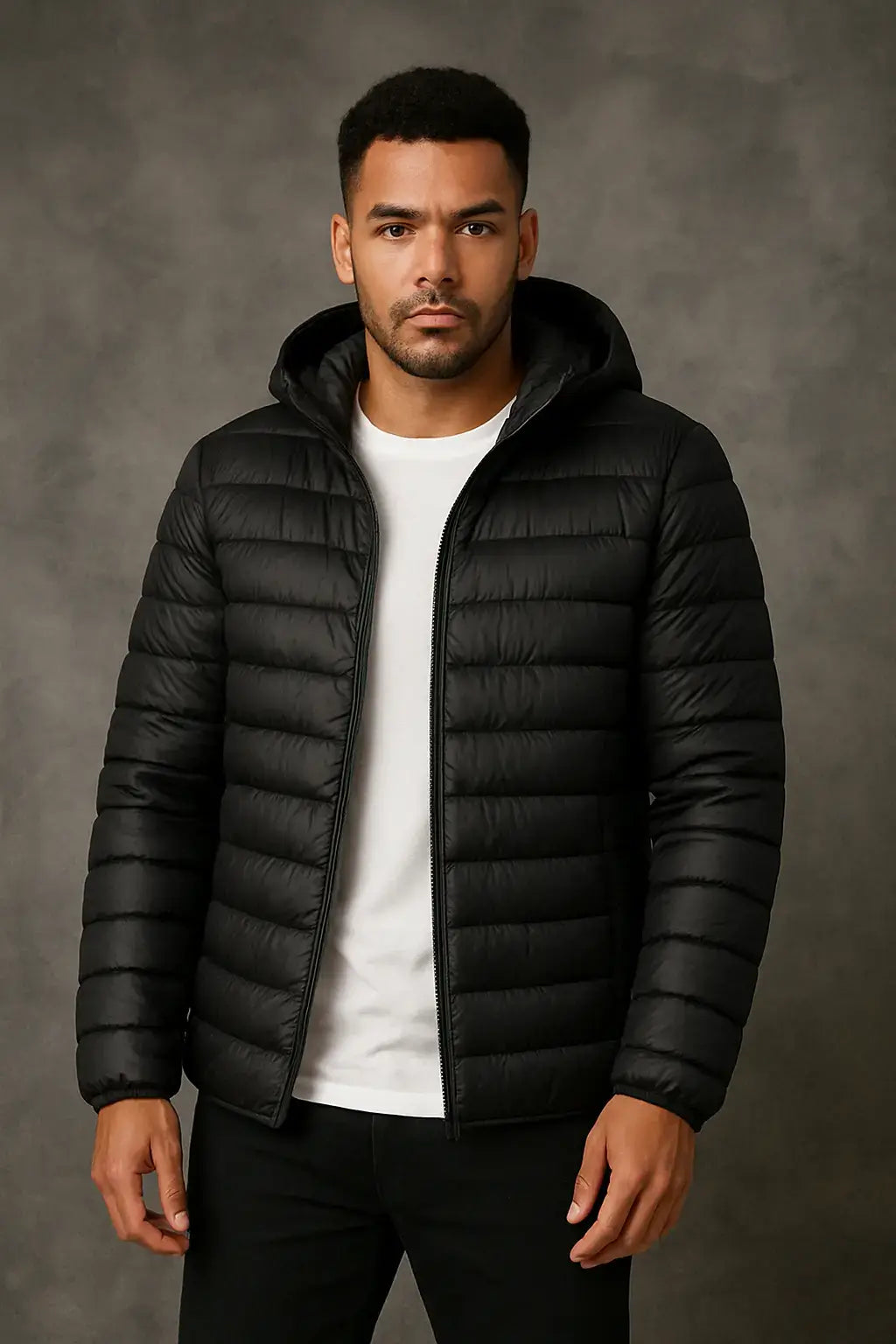 Homem usando jaqueta de frio puffer  preta com capuz em estúdio fotográfico