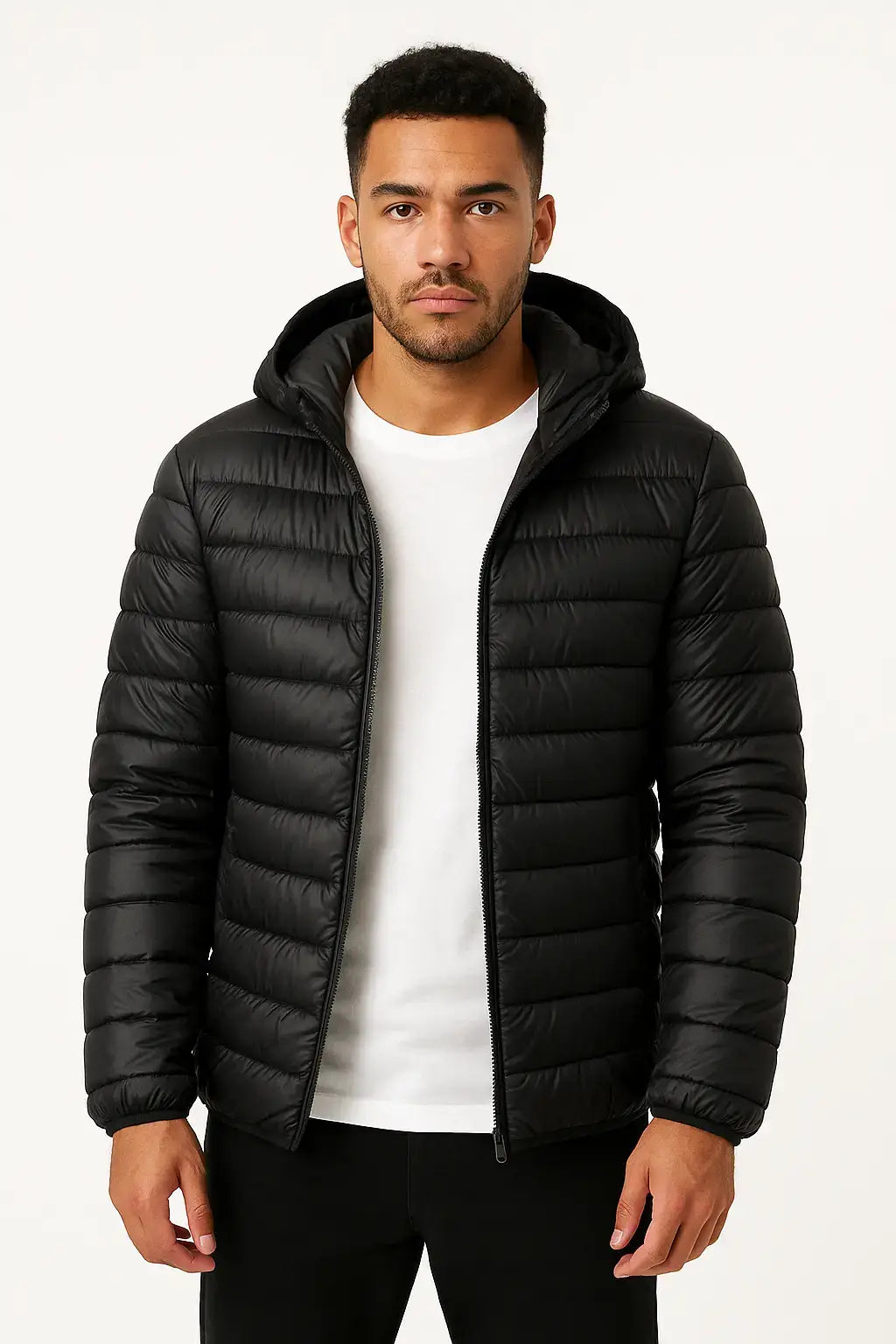 Homem usando jaqueta de frio puffer  preta com capuz 