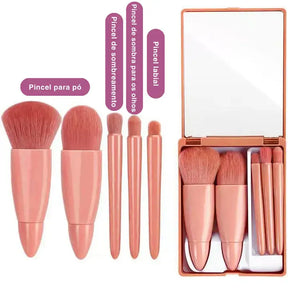 Estojo com 5 pincéis e um espelho para maquiagens, pincéis para pó, pincéis de sombreamento, pincéis de sombra para os olhos e pincéis labiais