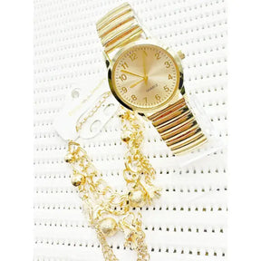 Relógio Dourado com visor branco analógico de quartzo mas pulseira