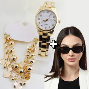  Relógio amarelo clássico de quartzo com pulseira e mulher usando óculos preto estilo de gato com proteção UV