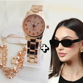 Óculos clássico, cor rosa ouro com pulseira mais óculos UV