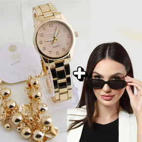 Óculos clássico Dourado e mulher usando óculos preto estilo gato com proteção UV