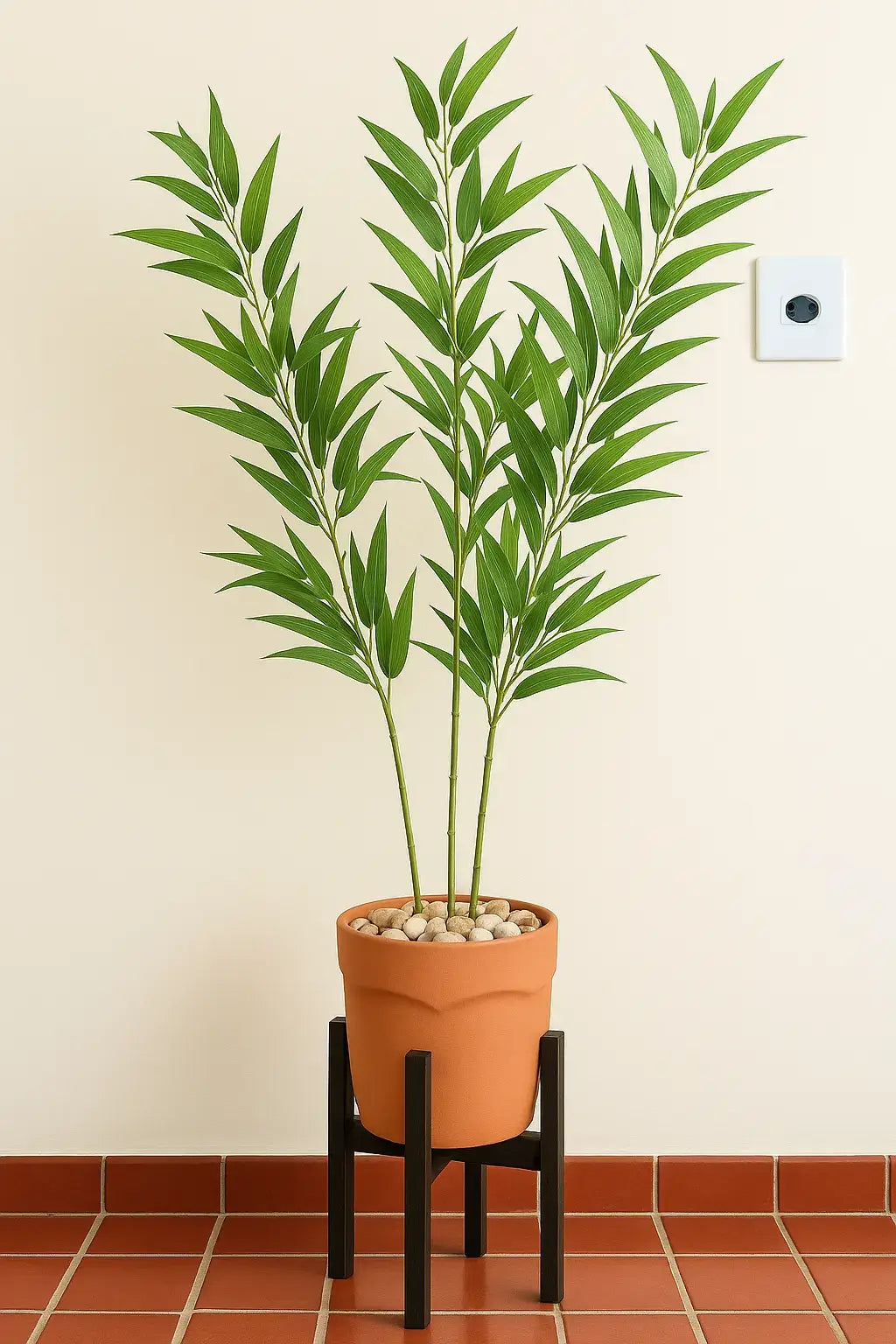 Bambu artificial com folhagem verde em vaso de terracota com suporte de madeira preta, sobre piso cerâmico avermelhado e parede bege. Ideal para ambientes internos.