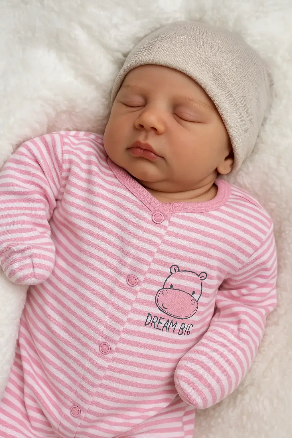 Boneca bebê reborn menina com macacão listrado rosa e touca bege, deitada em manta branca felpuda, com expressão serena e acabamento realista.