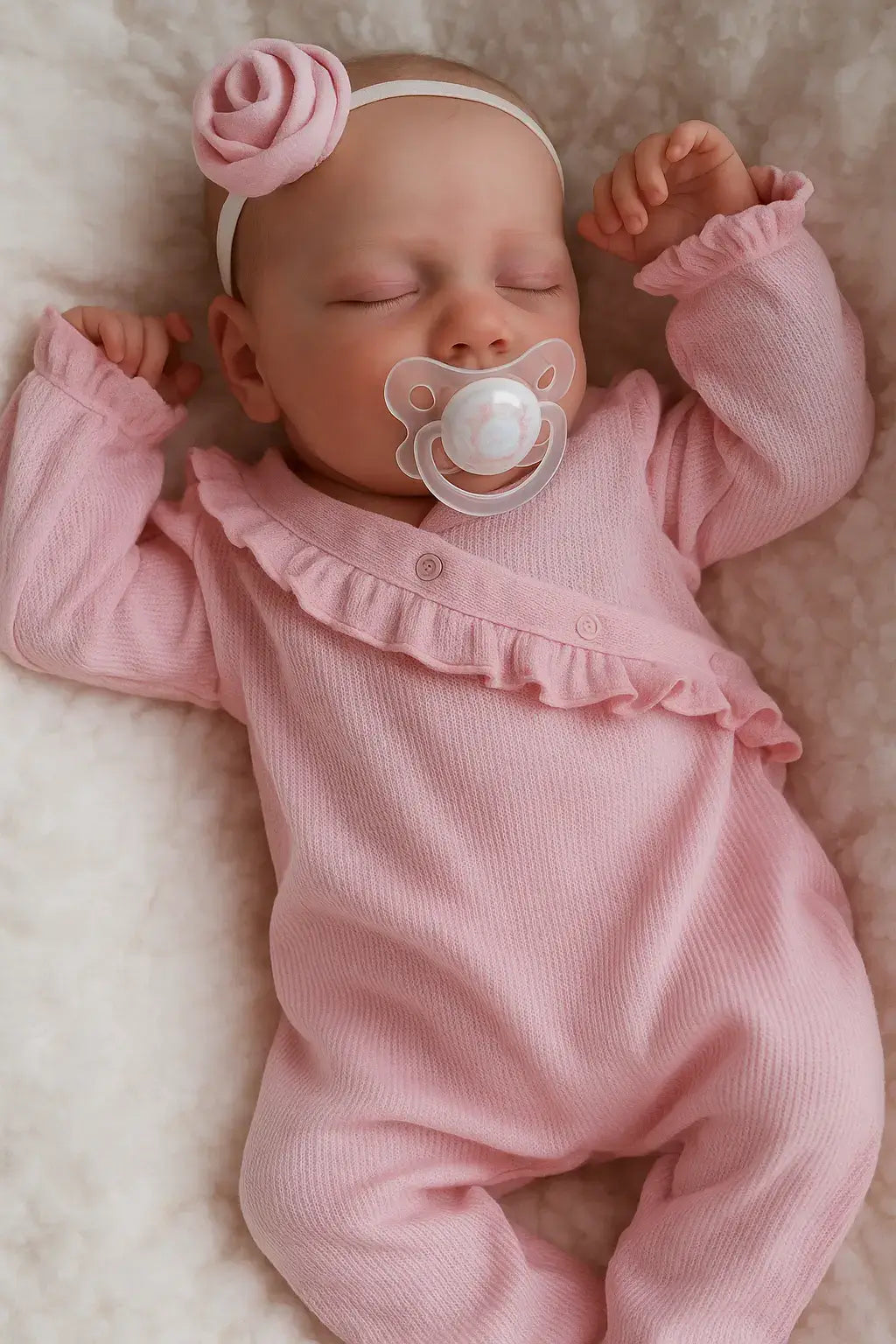 Boneca bebê reborn menina com macacão rosa, chupeta decorada e faixa de flor, deitada sobre manta branca felpuda com expressão serena e acabamento realista.
