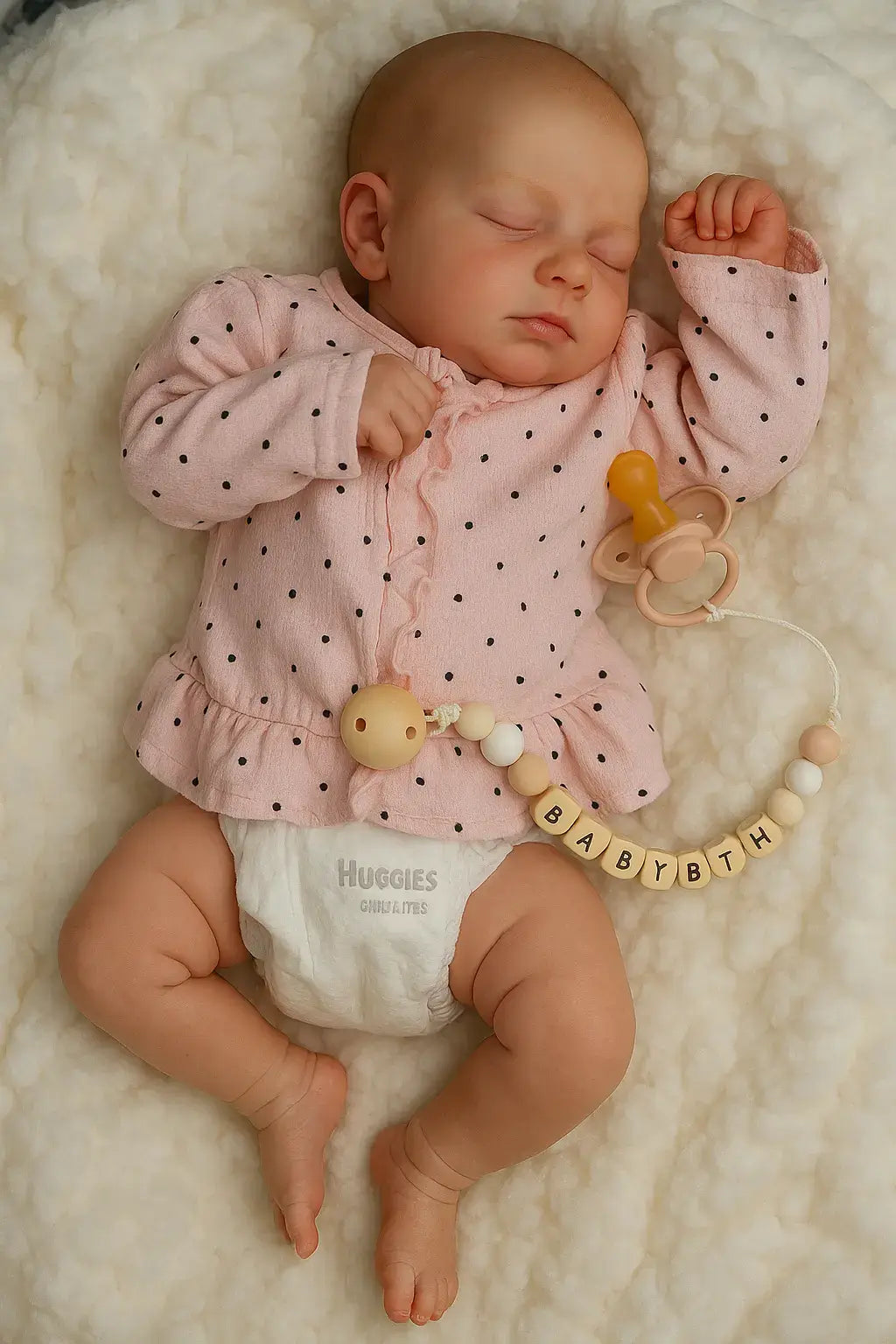 Boneca bebê reborn menina com roupa rosa de bolinhas pretas, fralda Huggies, chupeta e prendedor com nome, deitada sobre manta felpuda branca.