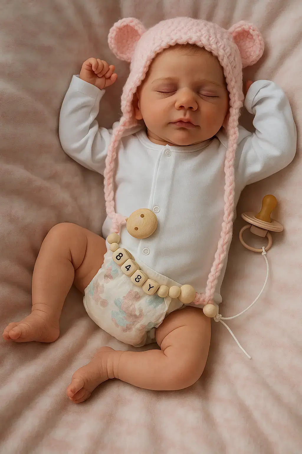 Boneca bebê reborn menina realista de vinil siliconado, vestida com macacão branco e touca rosa com orelhinhas, deitada em manta rosa com chupeta ao lado.