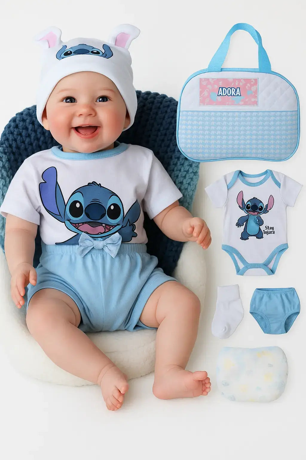 Boneco bebê reborn menino realista de silicone com roupa do Stitch, conjunto completo com bolsa maternidade e acessórios.