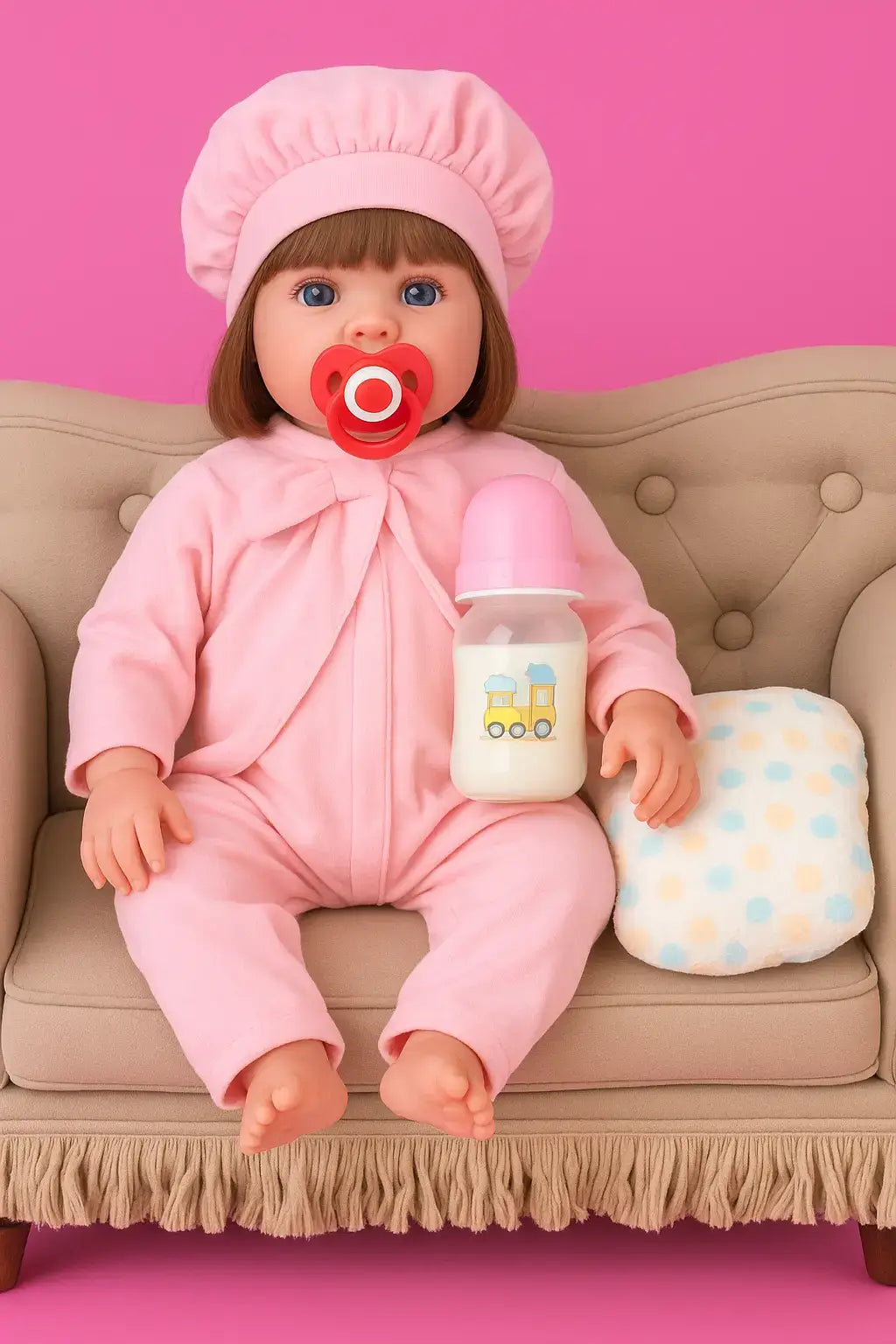 Boneca bebê reborn realista com chupeta vermelha, mamadeira e roupa rosa, sentada em sofá bege com almofada estampada e fundo rosa.