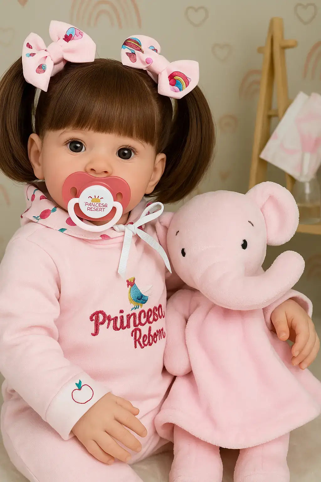 Boneca reborn realista com laços rosa no cabelo, vestida com macacão bordado "Princesa Reborn", segurando elefante de pelúcia rosa e chupeta personalizada.