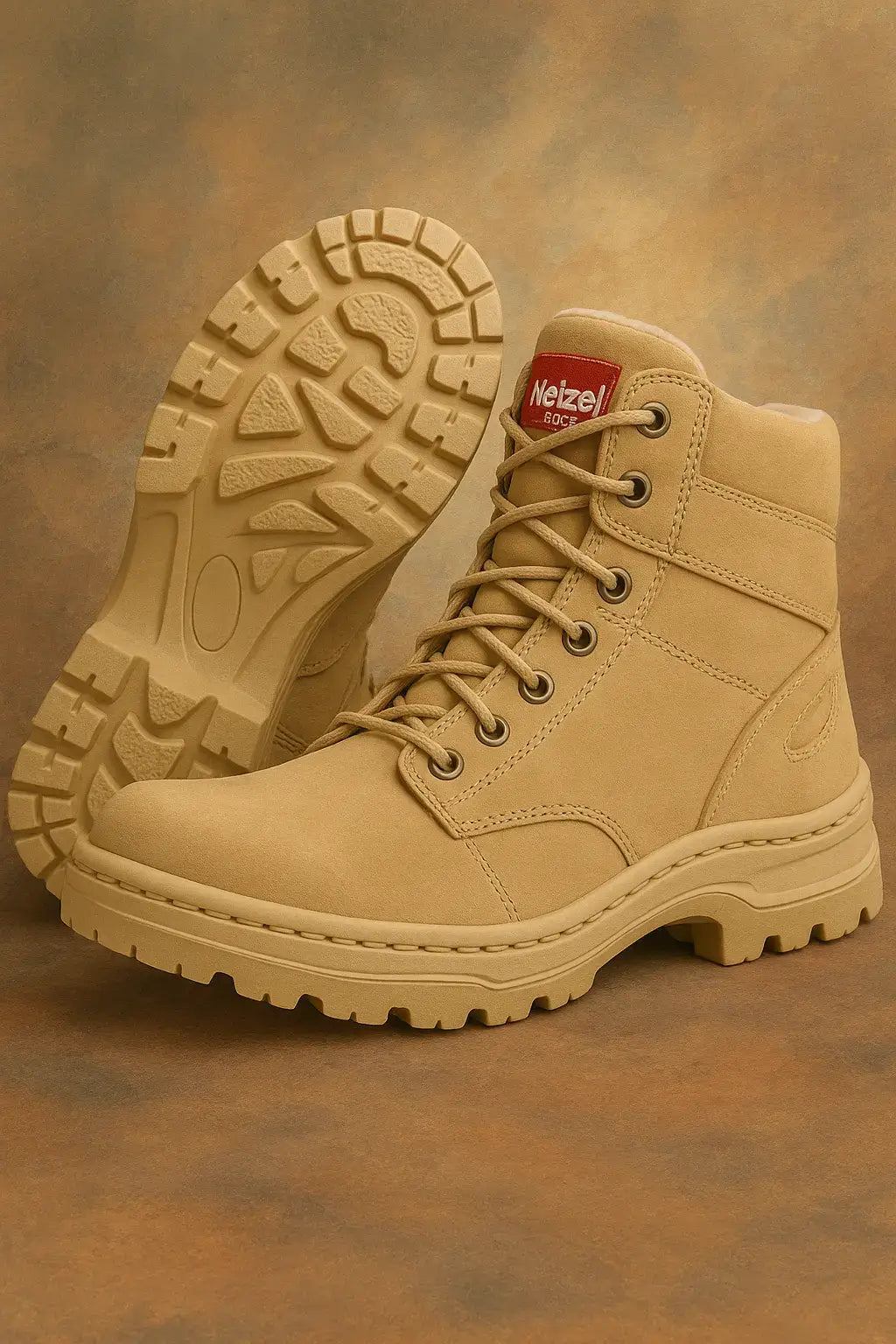 Bota de caminhada Netzel bege nobuck com fundo estilizado em tons terrosos, mostrando solado tratorado e acabamento resistente.
