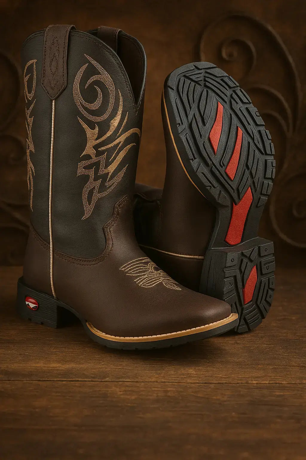 Bota country masculina com sola de borracha antiderrapante preta e vermelha, couro marrom com bordado tribal e fundo rústico de madeira com ornamentos decorativos.