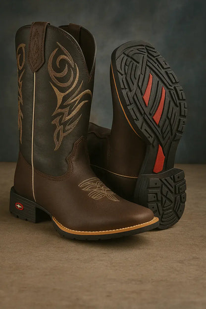 Bota country masculina marrom com bordado tribal dourado e sola de borracha com detalhe vermelho, exposta sobre piso de concreto e fundo azul acinzentado texturizado.