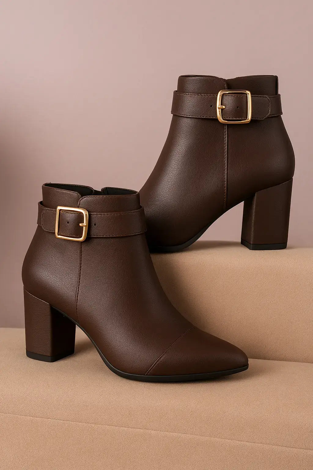 Bota feminina cano curto na cor café com salto grosso e fivela dourada, ideal para looks elegantes no outono e inverno.