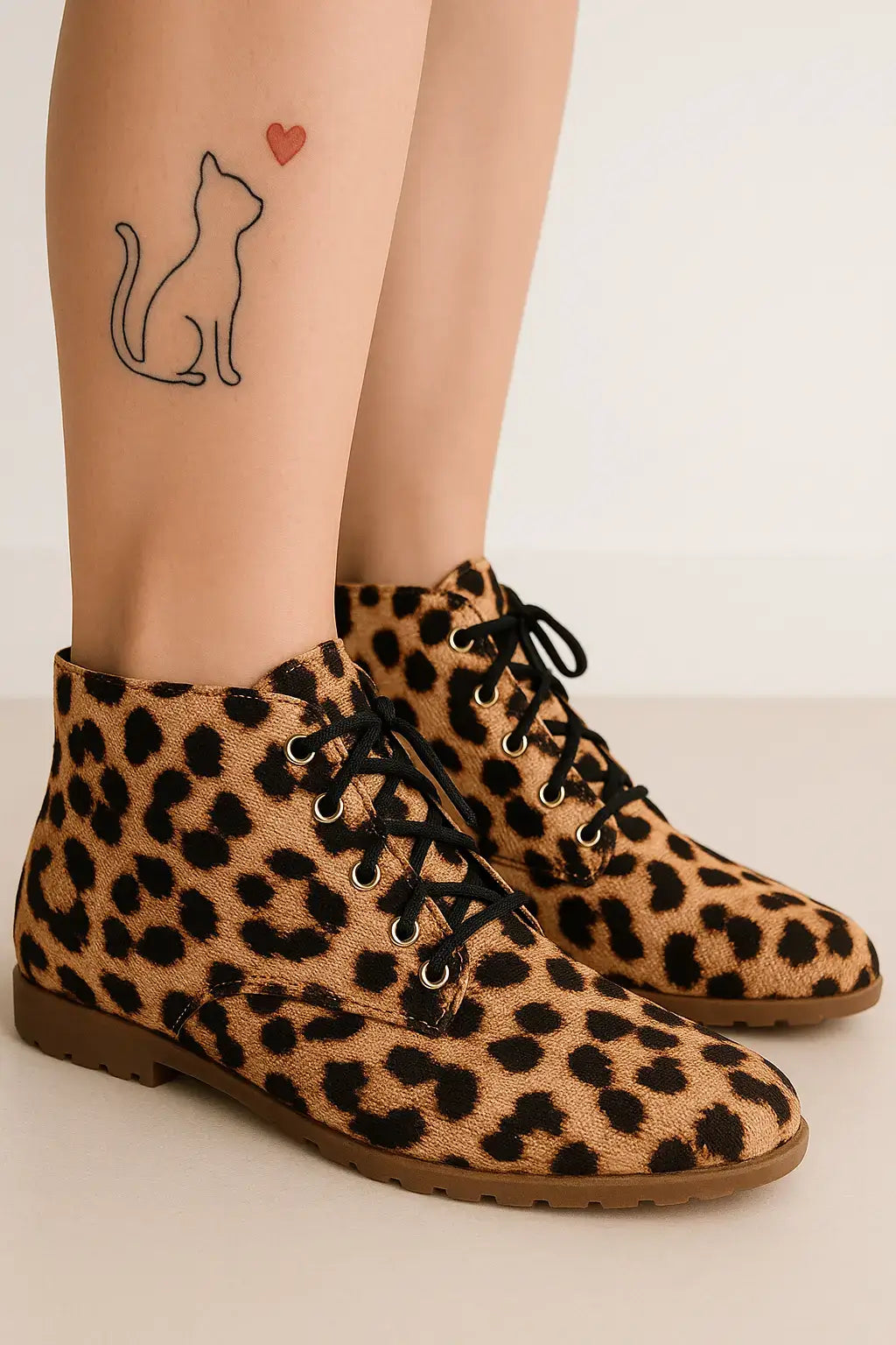 Mulher com bota feminina de estampa onça, cano curto e cadarço preto, destacando tatuagem de gato com coração na perna.